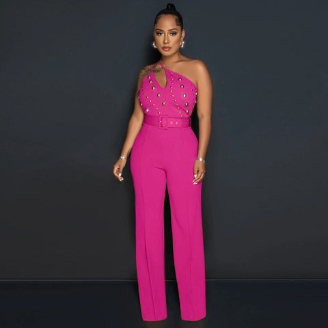 Solid Color Jumpsuit Slim Fit One Shoulder Wide Leg Pants - Her Casuals