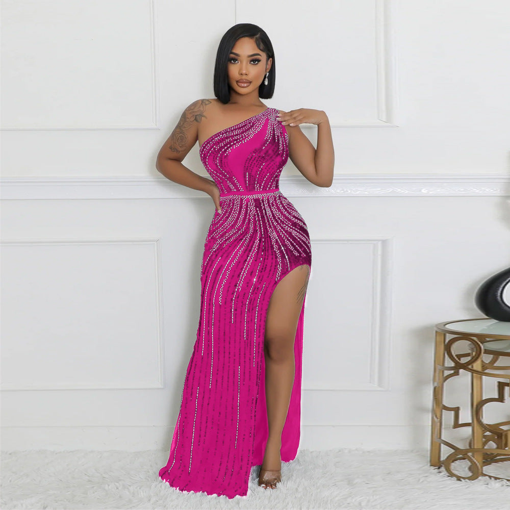 Sexy Oblique Shoulder Rhinestone High Slit Evening Dress - Her Casuals