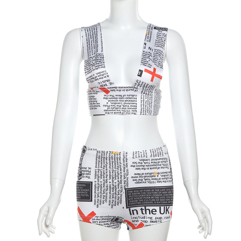 Newspaper Printing Vest Shorts Set - Her Casuals