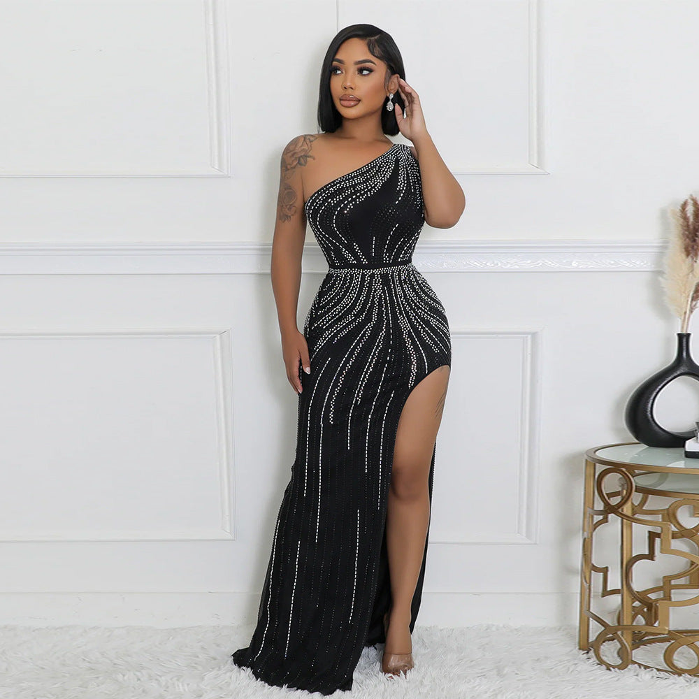 Sexy Oblique Shoulder Rhinestone High Slit Evening Dress - Her Casuals