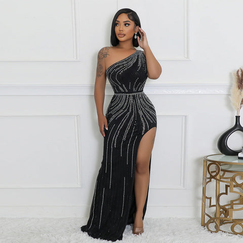 Sexy Oblique Shoulder Rhinestone High Slit Evening Dress - Her Casuals