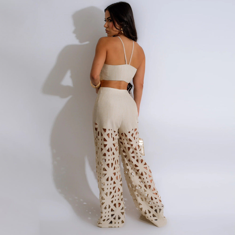 Two Piece Set of Burnt Floral Sexy Camisole and Wide Leg Pants - Her Casuals