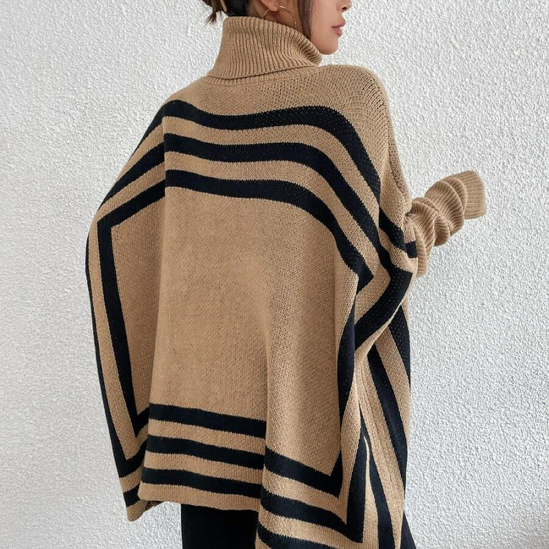 Turtleneck Striped Batwing Sleeve Cape Shawl Sweater