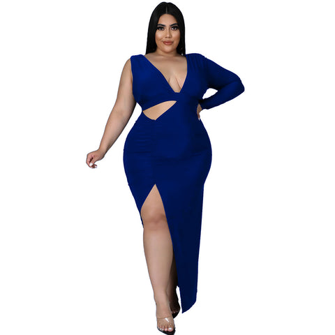 Solid Color Single Sleeve Sexy Hollow Out Cutout Maxi Dress - Her Casuals