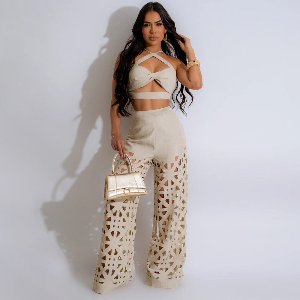 Two Piece Set of Burnt Floral Sexy Camisole and Wide Leg Pants - Her Casuals