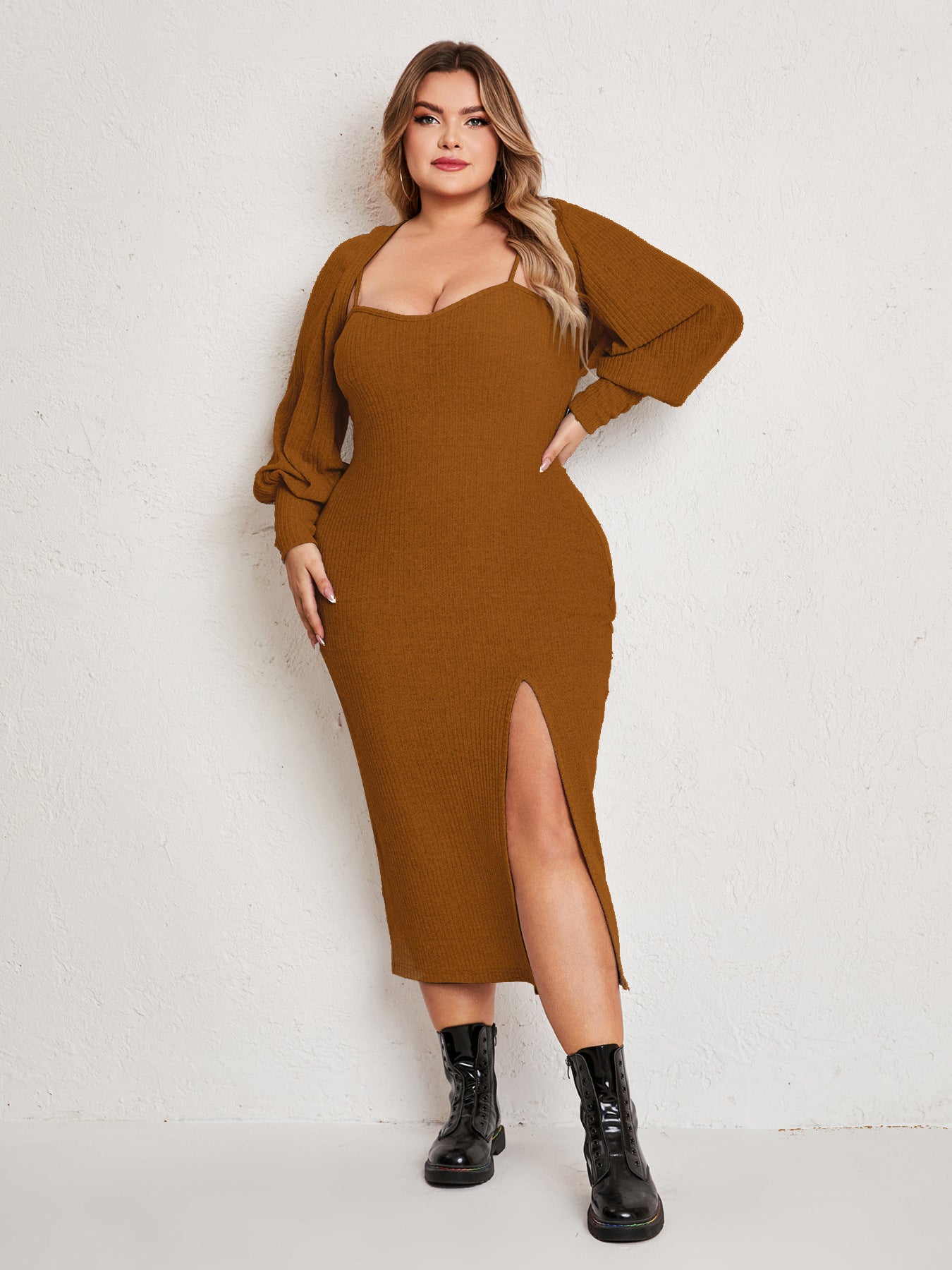 Plus Size Women Dress Simple Suit Outer Strap Backless Dress High Slit - Her Casuals