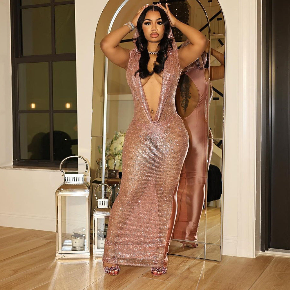 Sexy Deep V Plunge See through Sequined Maxi Dress - Her Casuals