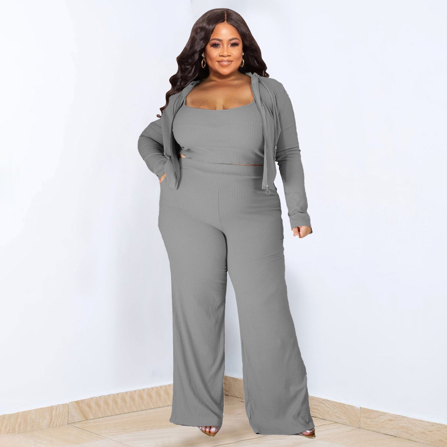 High Elastic Sunken Stripe Three Piece Suit - Her Casuals