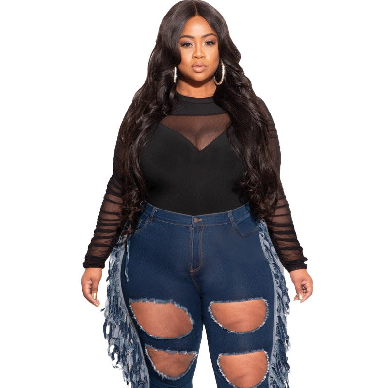 Plus Size Mid Waist Ripped Tassel Trendy Women Stretch Jeans - Her Casuals