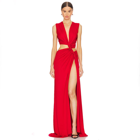 Deep V Plunge Hollow Out Cutout Out Slit Slim Fitting Maxi Dress - Her Casuals