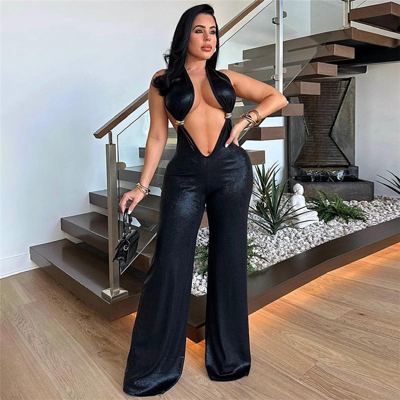 Cropped Halter Backless Faux Leather Wide Leg Jumpsuit - Her Casuals