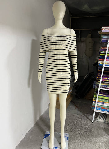 Striped Long Sleeve Off Shoulder Dress - Her Casuals