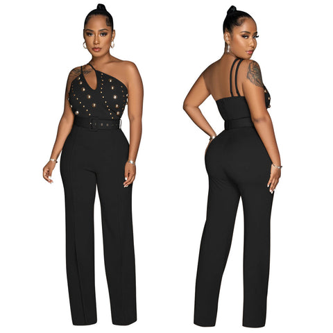 Solid Color Jumpsuit Slim Fit One Shoulder Wide Leg Pants - Her Casuals