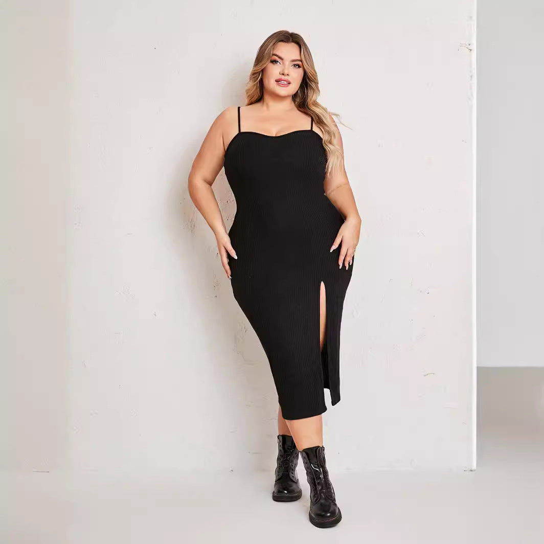 Plus Size Women Dress Simple Suit Outer Strap Backless Dress High Slit - Her Casuals