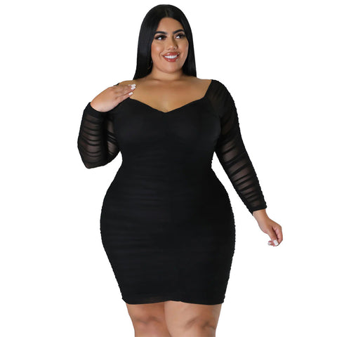 Wrapped Chest Stitching Mesh Sleeves Night Club Sexy Dress - Her Casuals