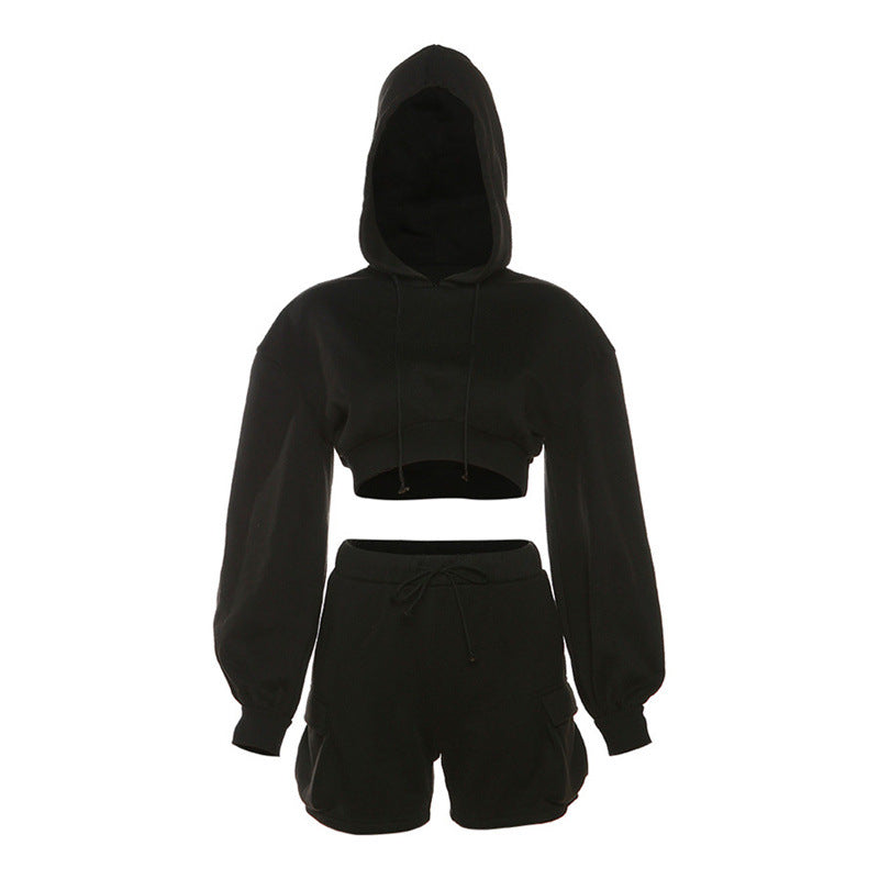 Solid Color Hooded Top High & Shorts Set - Her Casuals