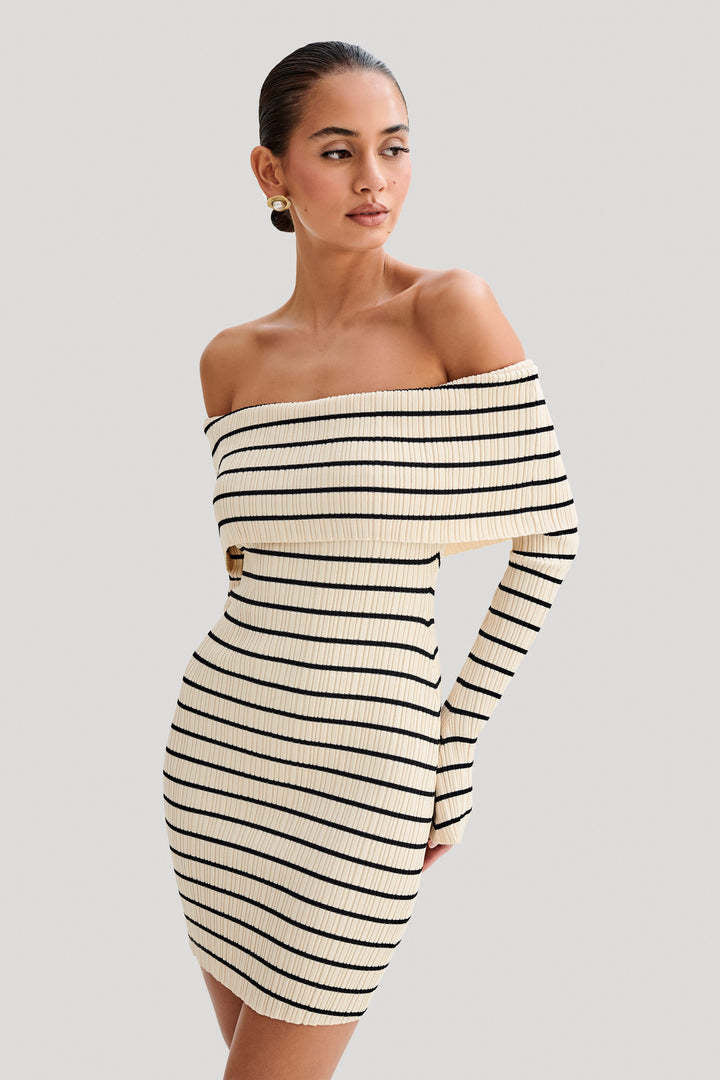 Striped Long Sleeve Off Shoulder Dress - Her Casuals