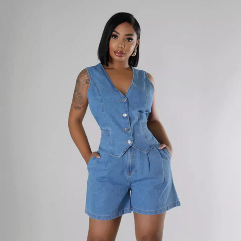 Summer Casual Sleeveless High Waist Women Denim Shorts Sets - Her Casuals