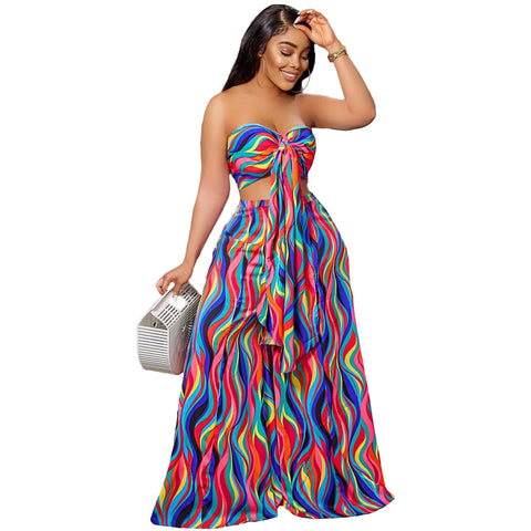 Colorful Printing Lace Up Tube Top Wide Leg Pants Suit - Her Casuals