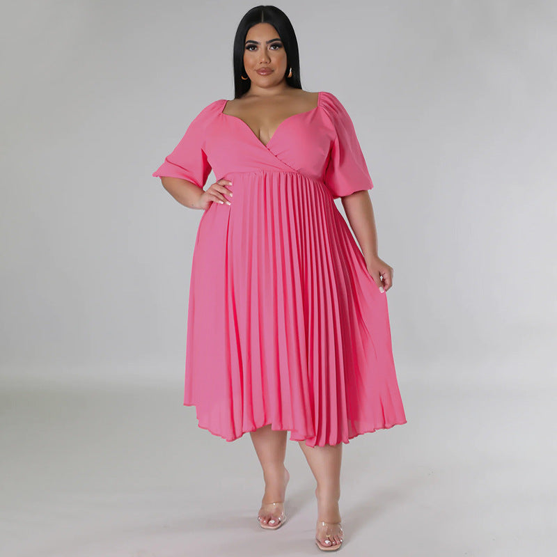 Plus Size V neck Hem Pleated Short Sleeve Dress - Her Casuals