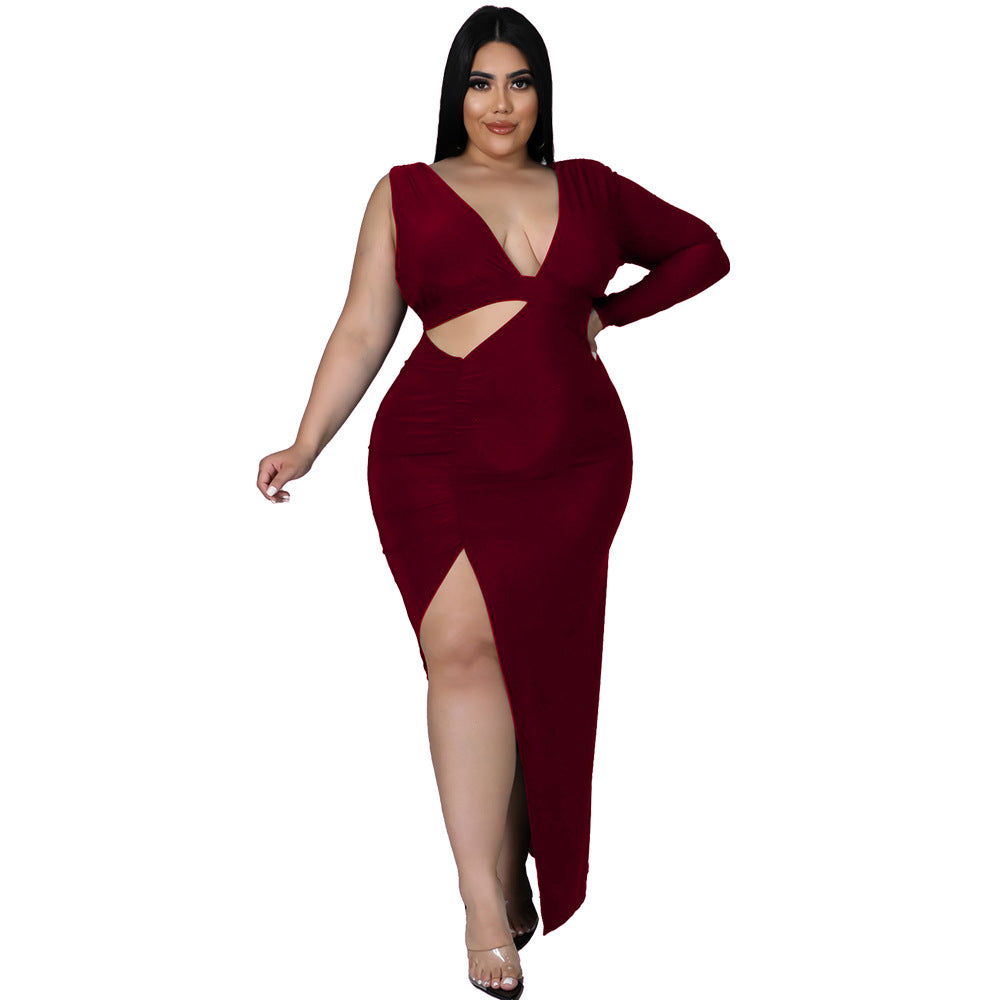 Solid Color Single Sleeve Sexy Hollow Out Cutout Maxi Dress - Her Casuals