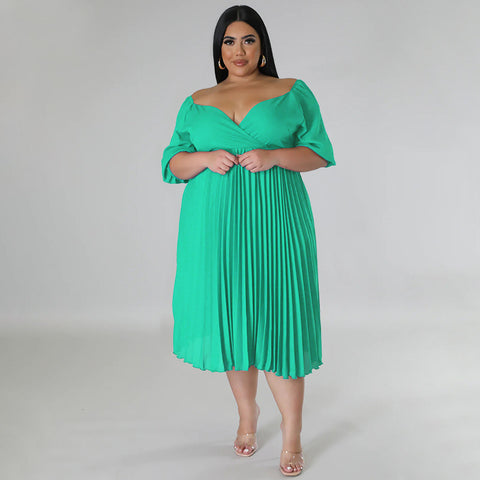 Plus Size V neck Hem Pleated Short Sleeve Dress - Her Casuals