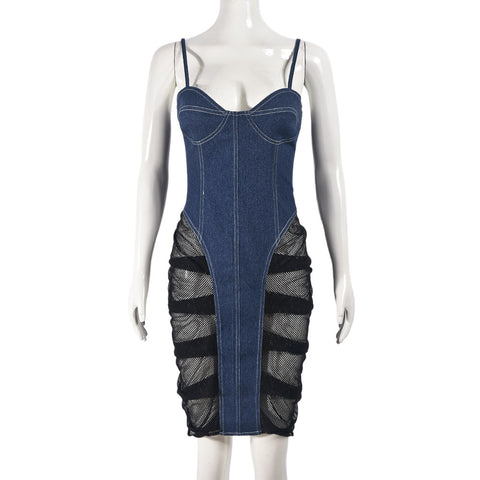 Denim Stitching Mesh See Through Sling Dress - Her Casuals