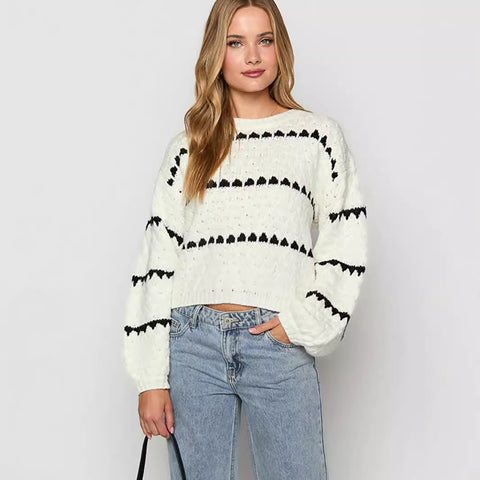 Thick Needle Loose Twist Stripes round Neck Pullover