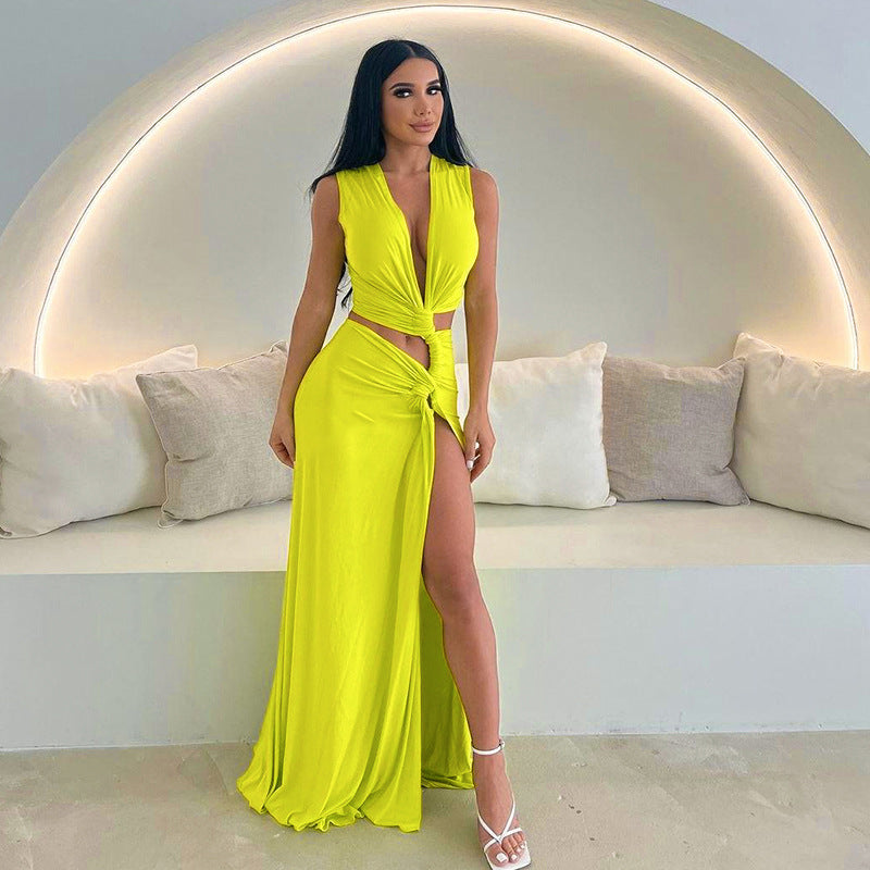 Deep V Plunge Hollow Out Cutout Out Slit Slim Fitting Maxi Dress - Her Casuals