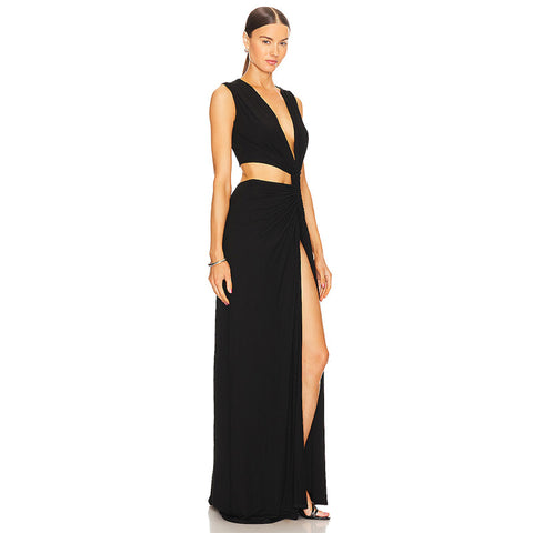 Deep V Plunge Hollow Out Cutout Out Slit Slim Fitting Maxi Dress - Her Casuals