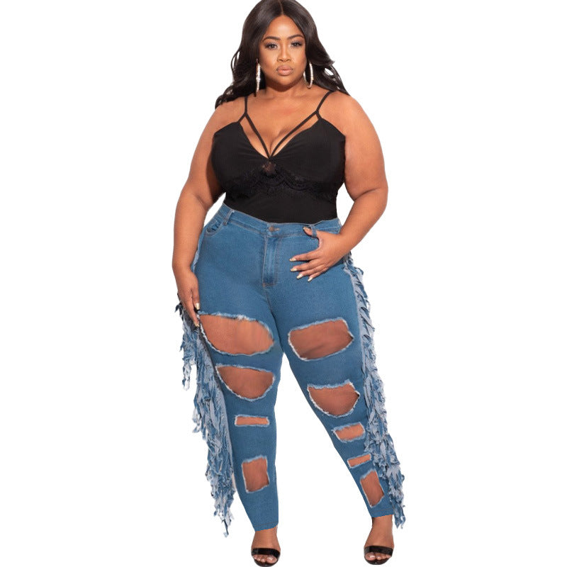 Plus Size Mid Waist Ripped Tassel Trendy Women Stretch Jeans - Her Casuals