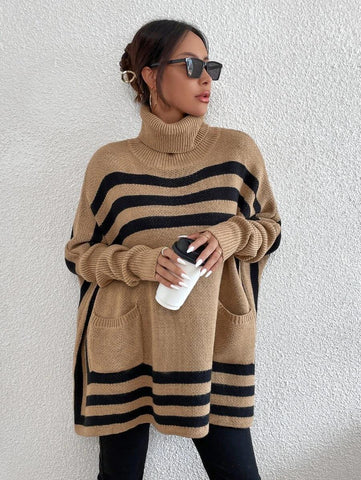 Turtleneck Striped Batwing Sleeve Cape Shawl Sweater