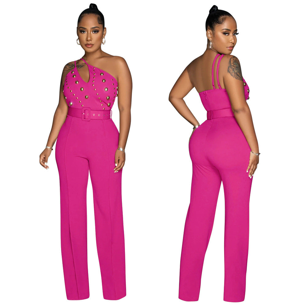 Solid Color Jumpsuit Slim Fit One Shoulder Wide Leg Pants - Her Casuals