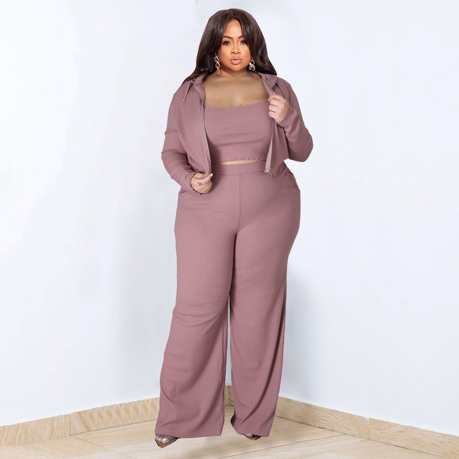 High Elastic Sunken Stripe Three Piece Suit - Her Casuals