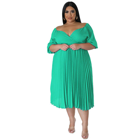 Plus Size V neck Hem Pleated Short Sleeve Dress - Her Casuals