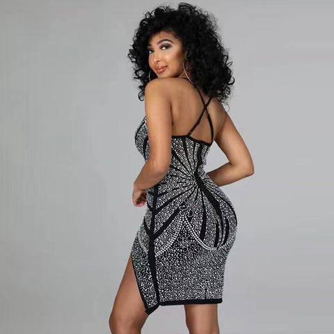 Sexy Women Drilling Deep V Plunge neck Slim Fit Nightclub Group Dress - Her Casuals