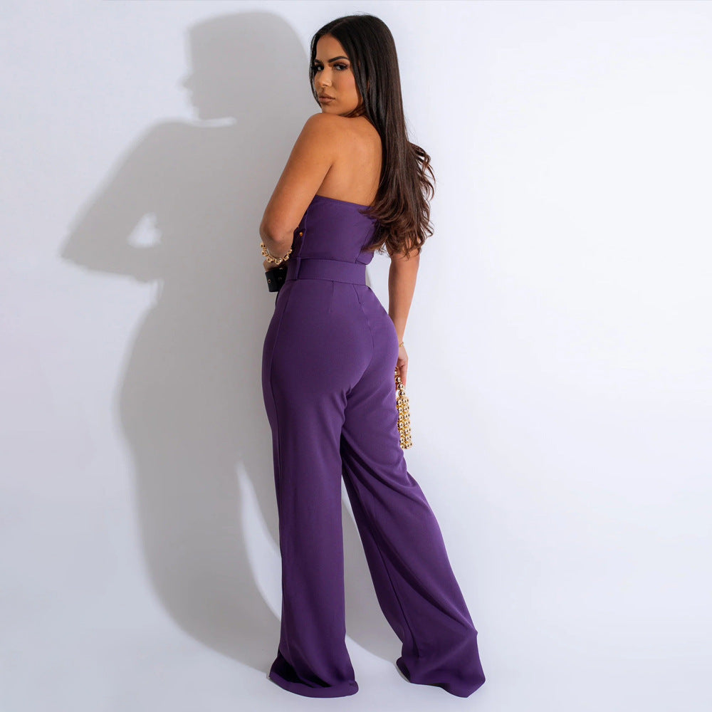 Solid Color Jumpsuit Slim Fit One Shoulder Wide Leg Pants - Her Casuals