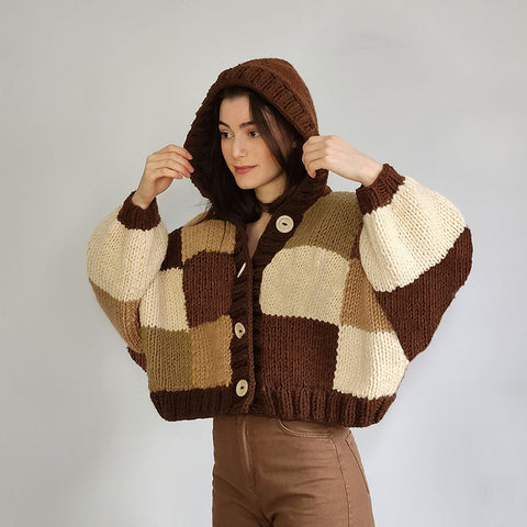 Hooded Round Neck Cardigan Button Plaid Short Knitted Coat