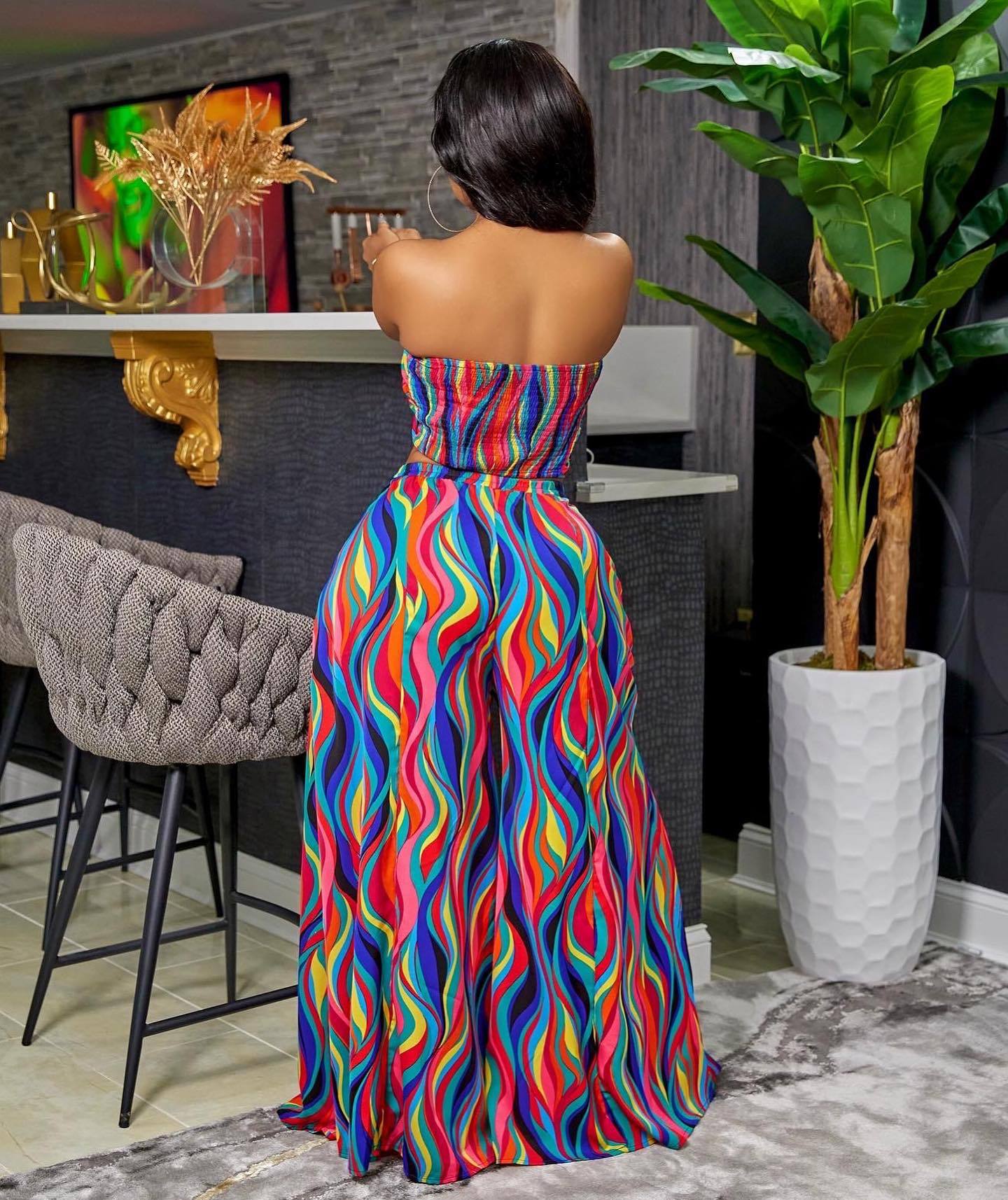 Colorful Printing Lace Up Tube Top Wide Leg Pants Suit - Her Casuals