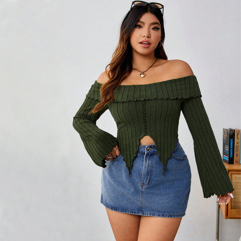 Off Shoulder Irregular Asymmetric Short Long Sleeve Top - Her Casuals