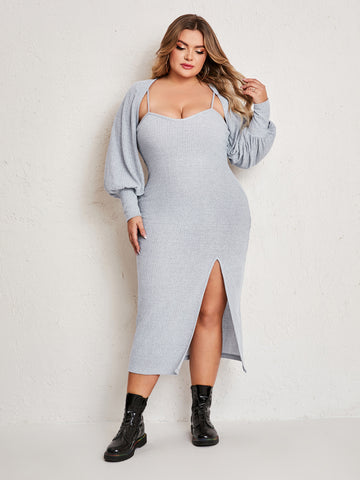 Plus Size Women Dress Simple Suit Outer Strap Backless Dress High Slit - Her Casuals