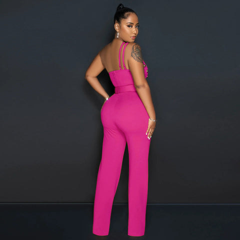 Solid Color Jumpsuit Slim Fit One Shoulder Wide Leg Pants - Her Casuals