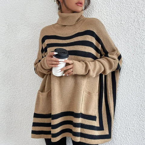 Turtleneck Striped Batwing Sleeve Cape Shawl Sweater