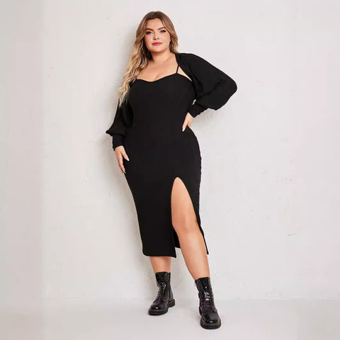 Plus Size Women Dress Simple Suit Outer Strap Backless Dress High Slit - Her Casuals