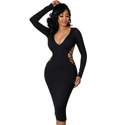 Sexy Tight Backless Hollow Out Cutout out V neck Dress - Her Casuals