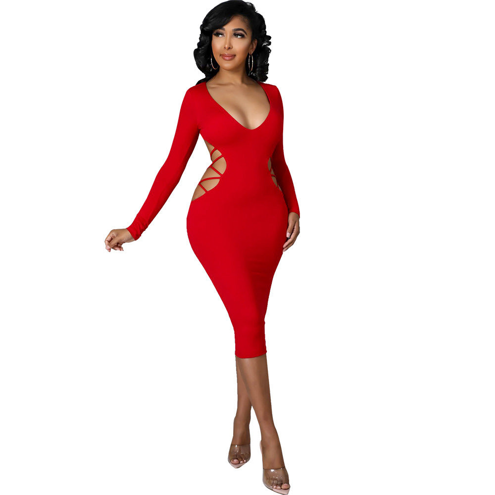 Sexy Tight Backless Hollow Out Cutout out V neck Dress - Her Casuals