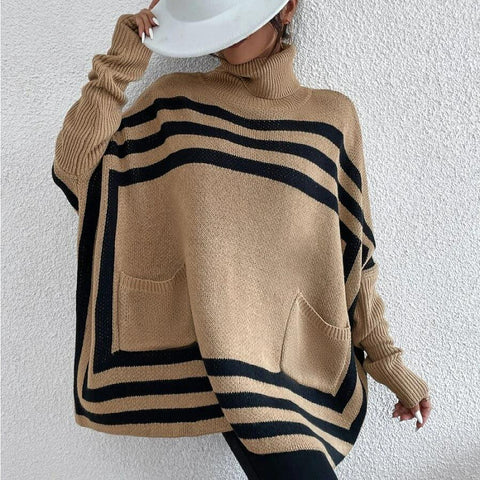 Turtleneck Striped Batwing Sleeve Cape Shawl Sweater