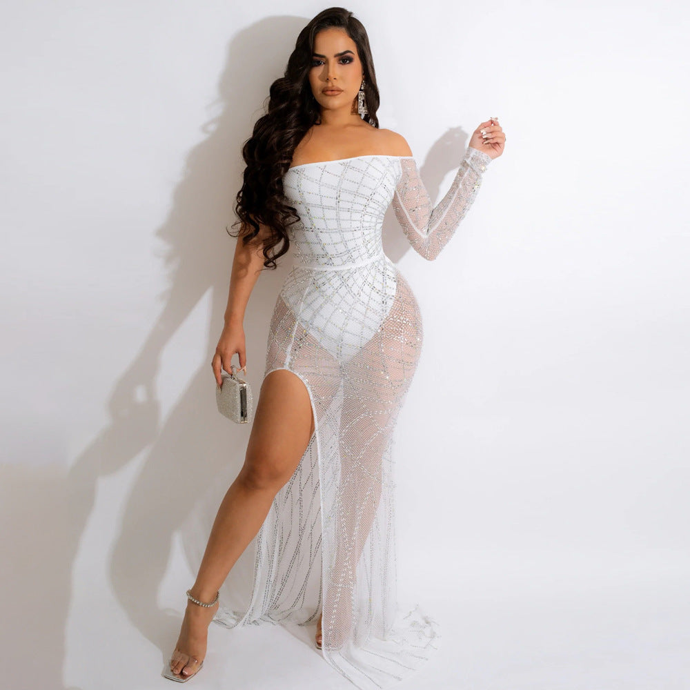 Sexy Off Shoulder See-through Rhinestone High Slit Dress - Her Casuals