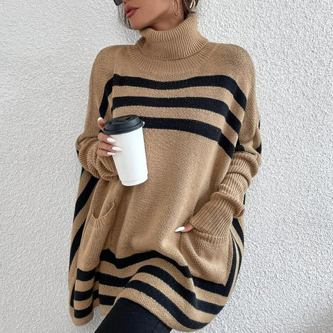 Turtleneck Striped Batwing Sleeve Cape Shawl Sweater