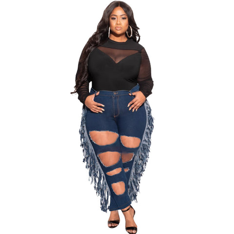 Plus Size Mid Waist Ripped Tassel Trendy Women Stretch Jeans - Her Casuals